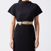 Woven belt in natural straw color with gold-toned accents